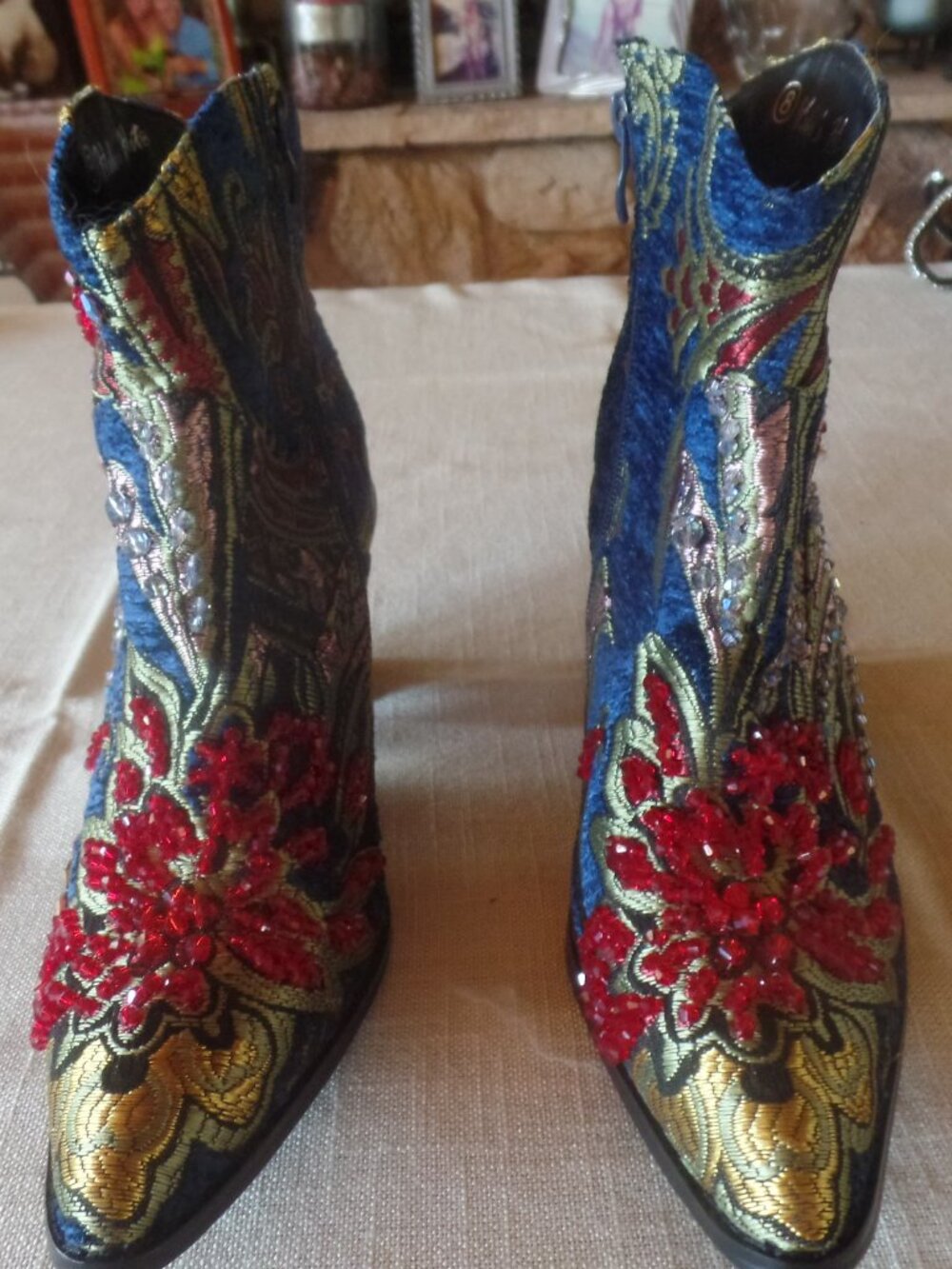 Helen's Heart Crystal Brocade Western Ankle Boots Red Gold Blue Size 8 NWOT